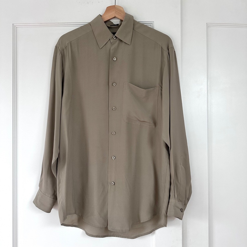 Vintage Claiborne 90s 100% Silk Taupe Button Up Shirt Minimalist Neutral Small